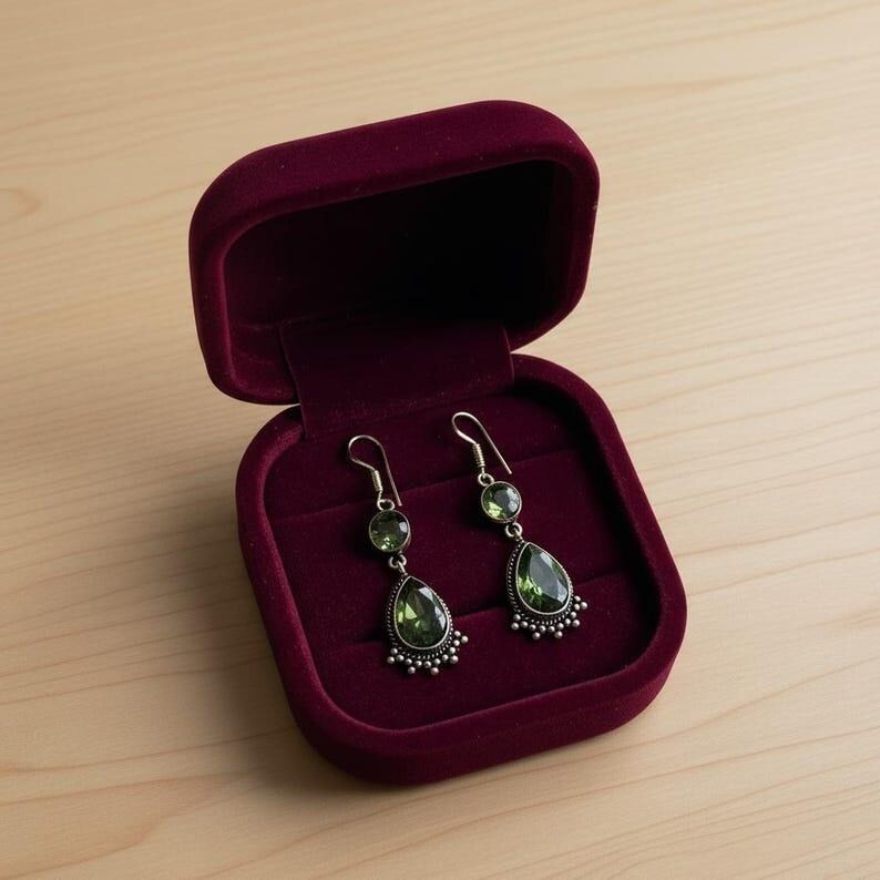Handmade Peridot Dangle Earrings Antique Silver Teardrop Gemstone Jewelry