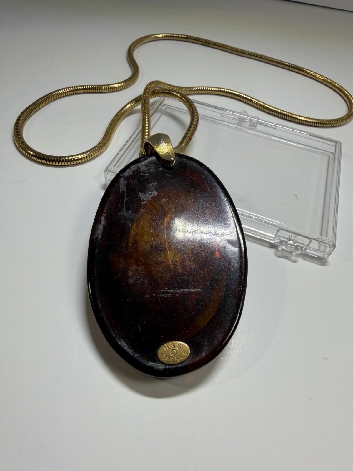 Vintage Tortoise Lucite Compact Mirror H&S Originals Gold Tone Snake Necklace