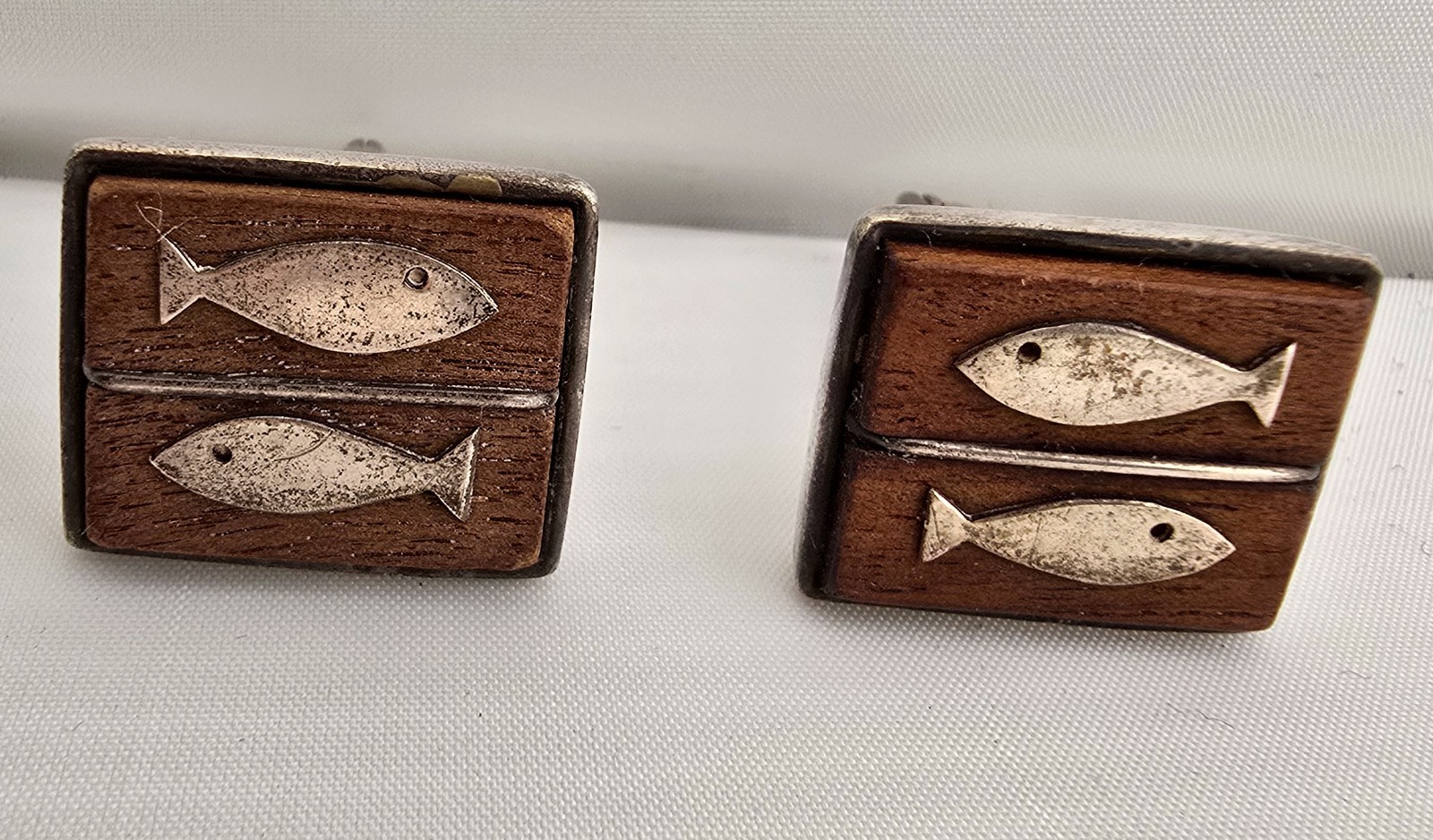 Vintage Hawaiian MCM Sterling Silver & Wood Fish Motif Cufflinks Made in HAWAII