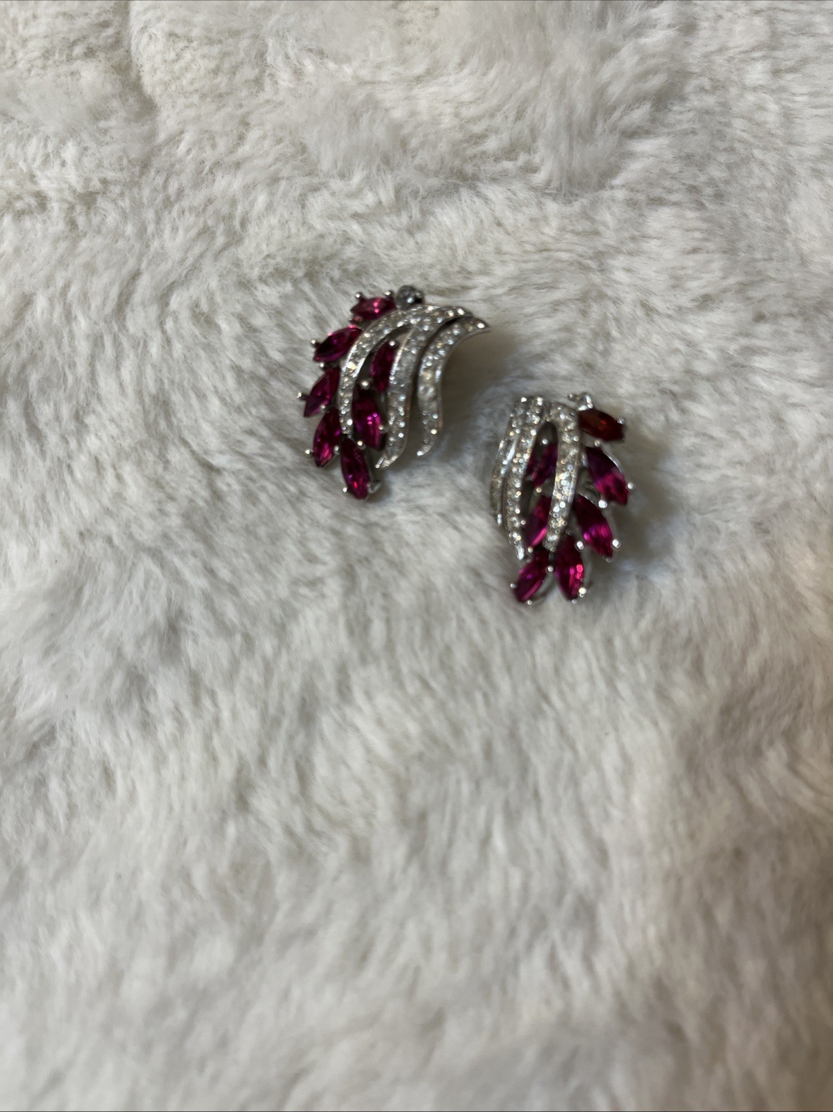 Rare Crown Trifari Dark Pink Navette & Clear Pave’ Rhinestone Earrings Stunning