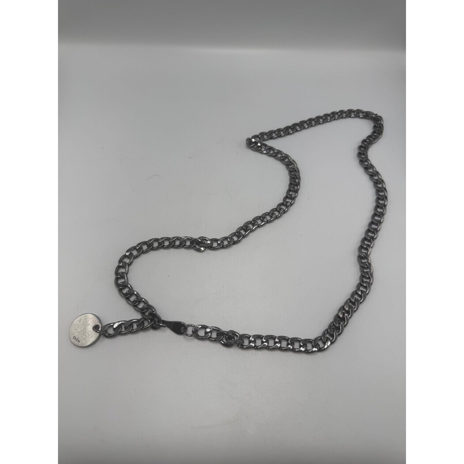Gunmetal Curb Chain Necklace with Logo Disc Charm 42 Inch Long Statement Link