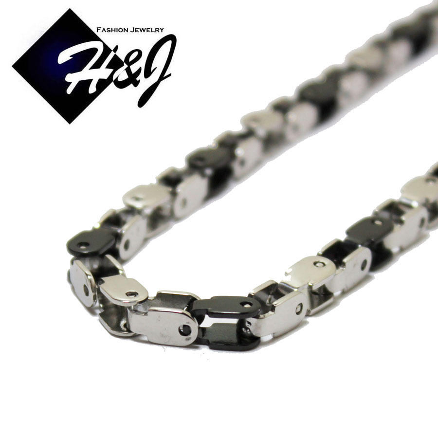 24″MEN Stainless Steel 5mm Silver/Black Plated Box Bike Link Necklace Bracelet