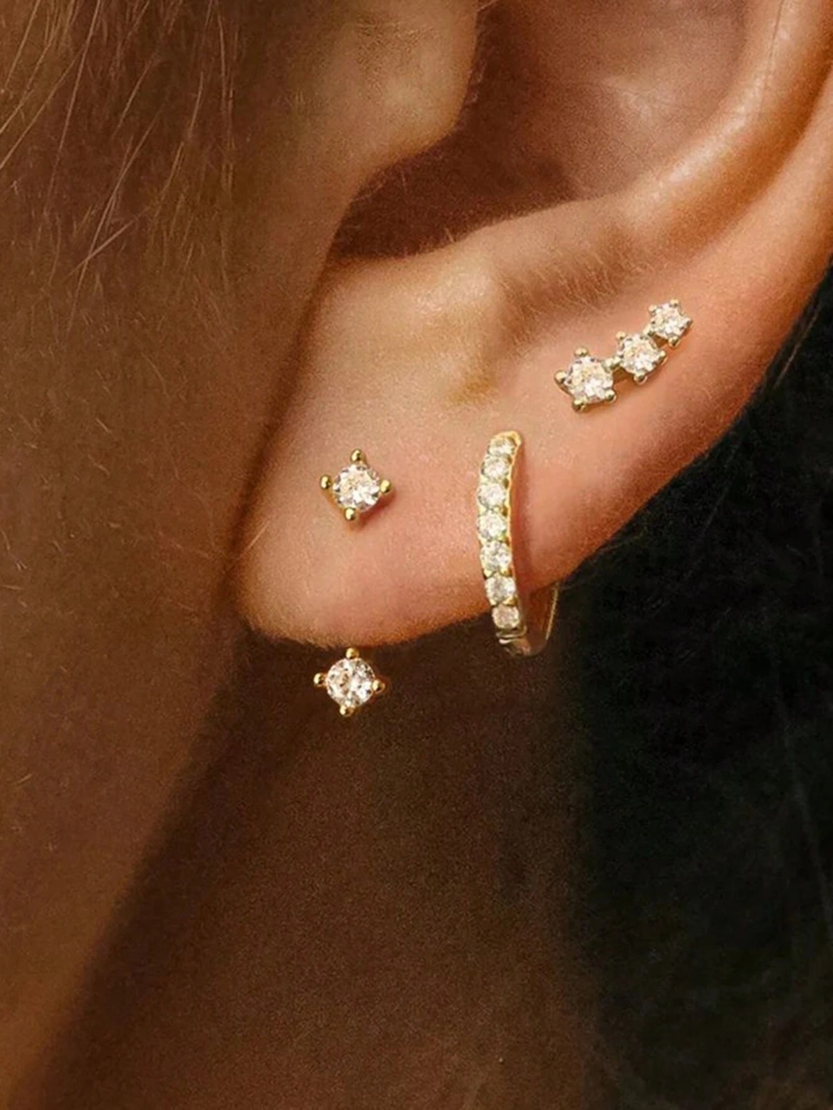 Dainty CZ Huggie Hoop Climber Stud Earrings Set Gold Tone Women 3 Pairs