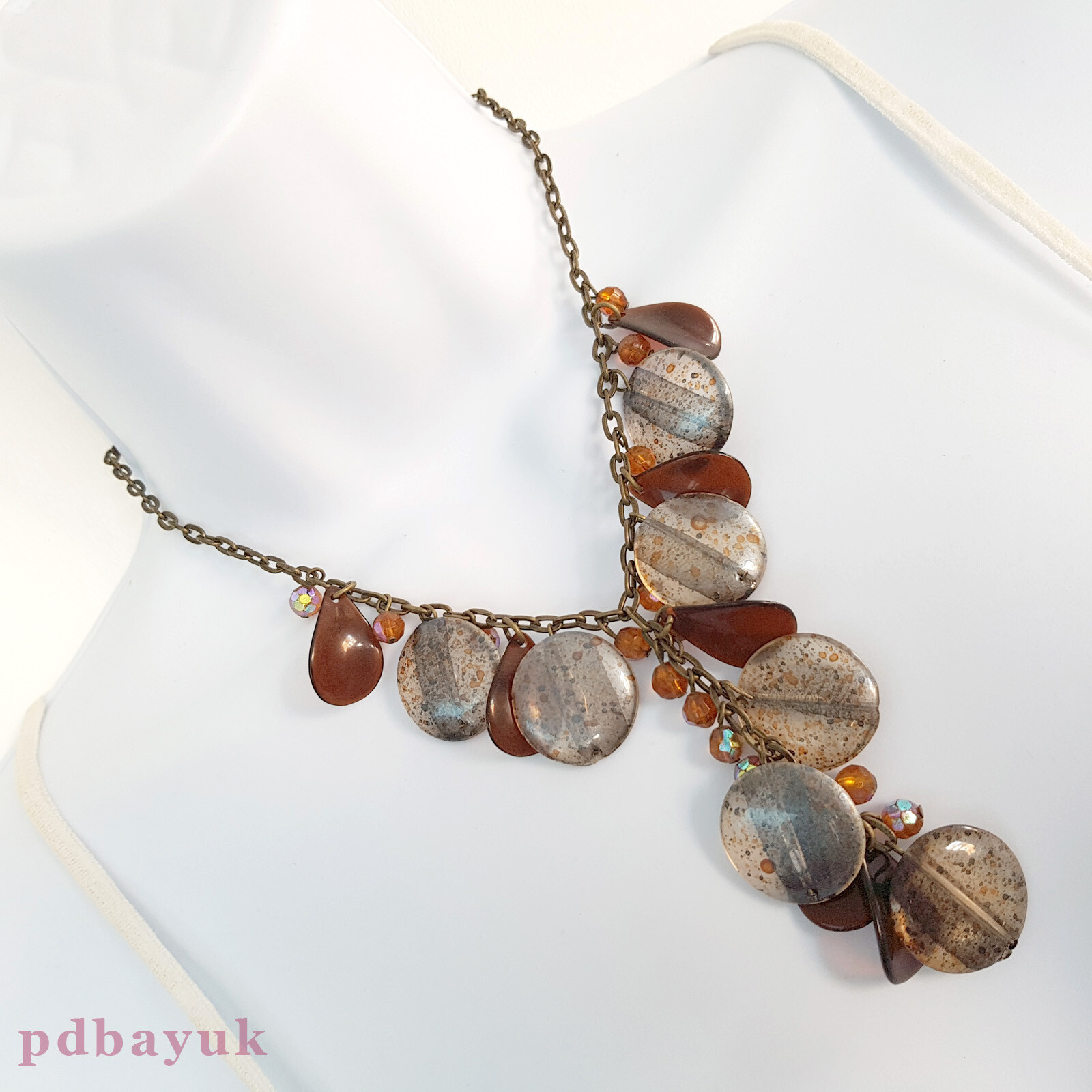 Retro Vintage Style Brown Clear Bead Cluster Boho Necklace 35.5cm 14″ UK ~1725