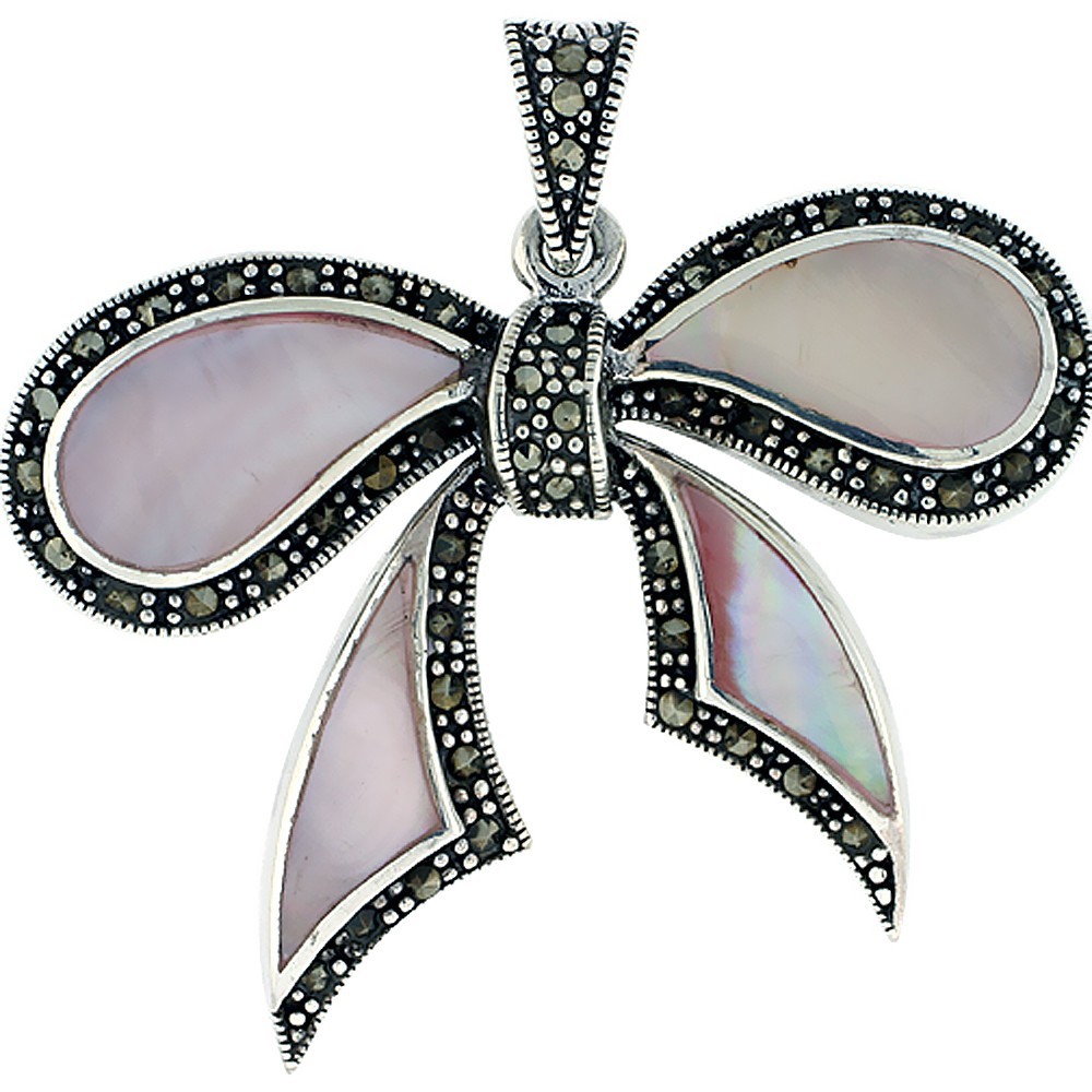 925 Sterling Silver Marcasite Natural Pink Bow Shell Pendant 1 7/8 (47mm) Inch