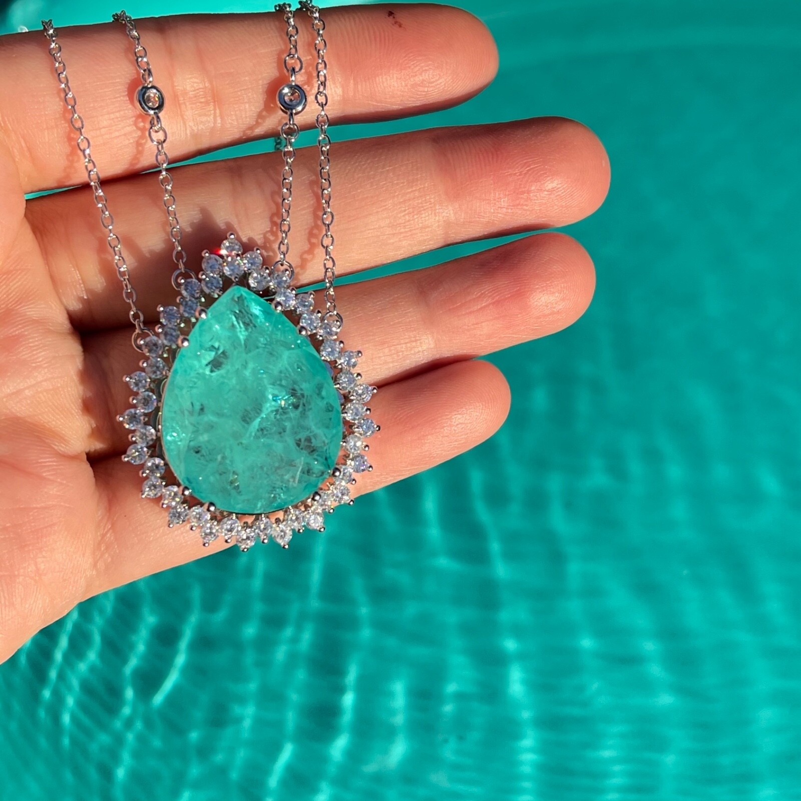 CARIBBEAN BLUE NATURAL GLOWING NEON PARAIBA TOURMALINE NECKLACE PENDANT 925 SS