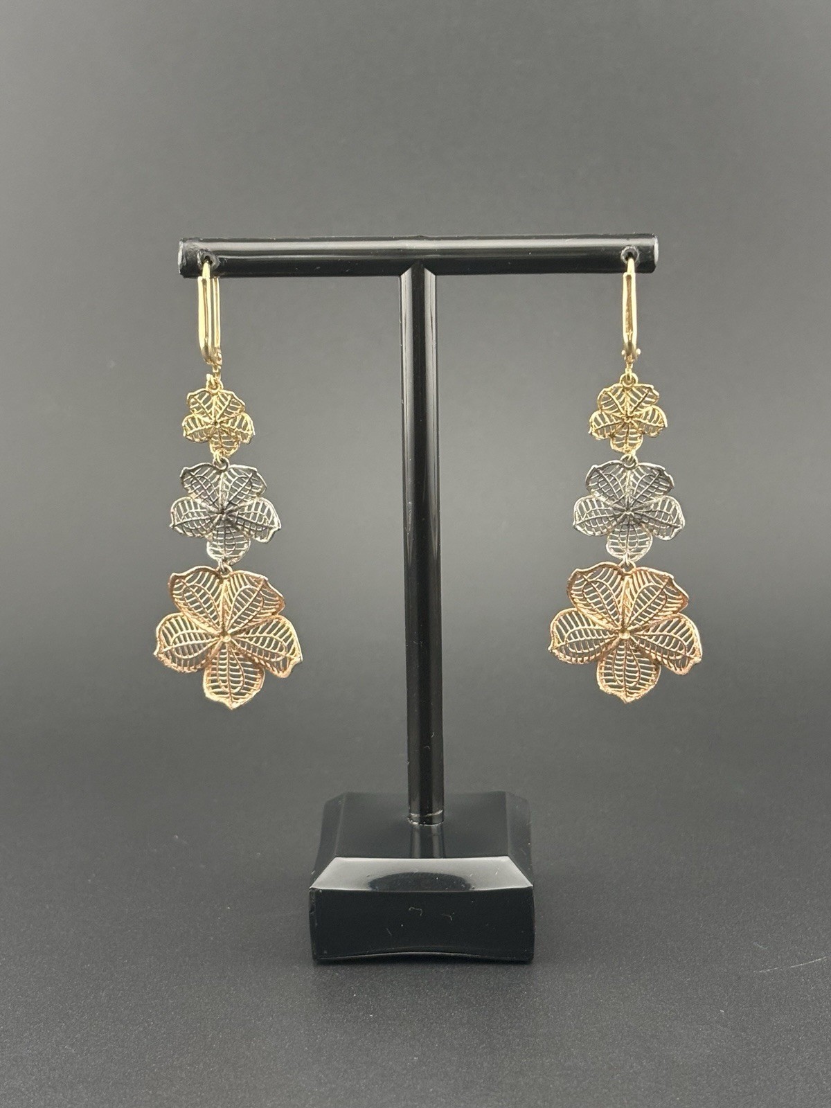 AK 925 Sterling Silver Turkey Tri Color Filigree Flower Dangle Earrings