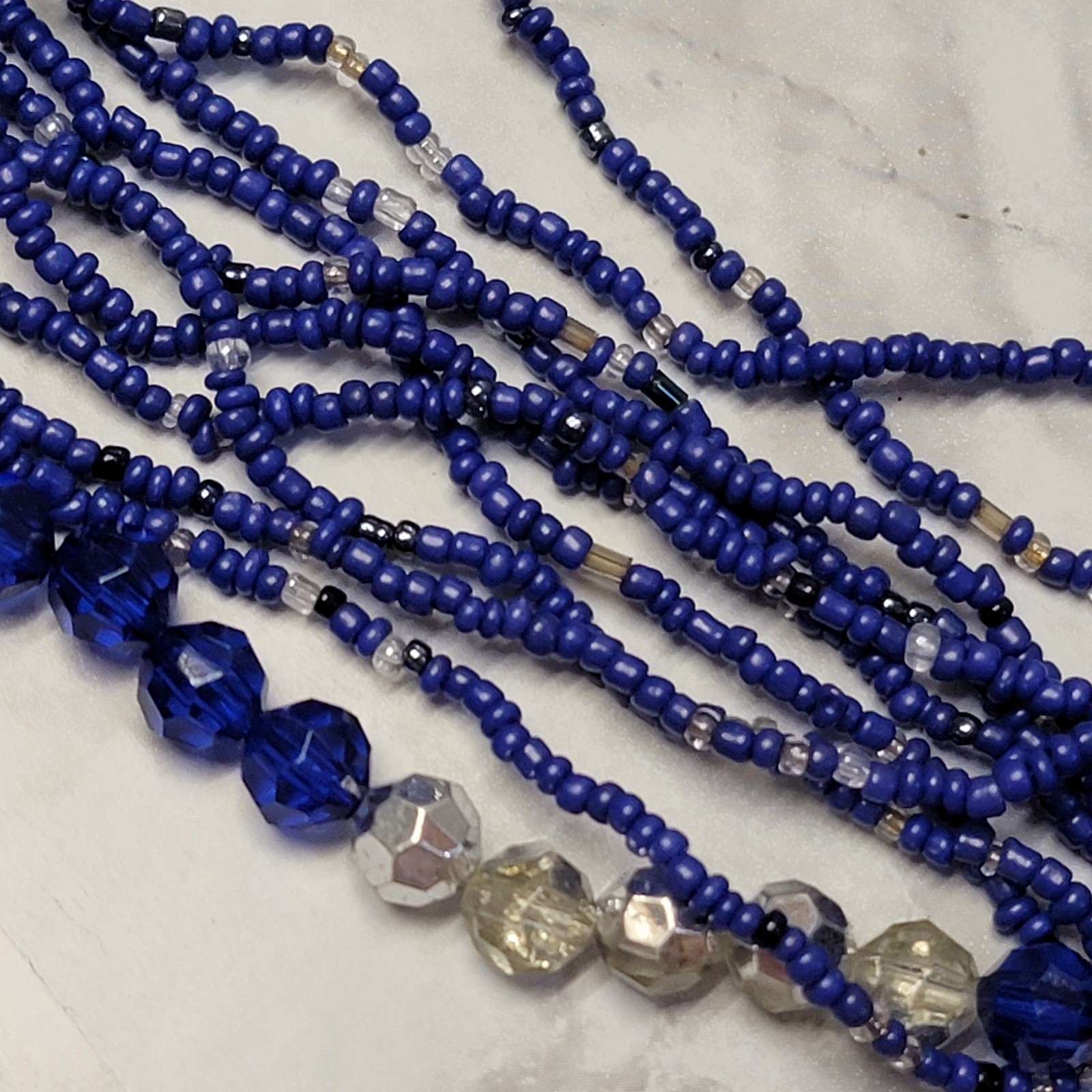 Royal Blue Multi Strand Beaded Statement Necklace 32″ Boho Chic Maximalist
