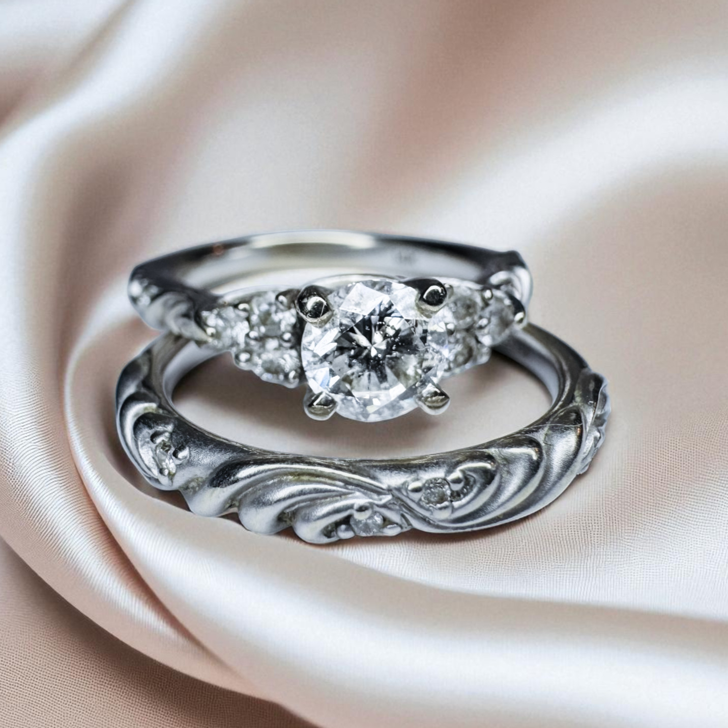 14K White Gold 1CT Diamond Ring Wedding Set $5375 Floral “Gossimer” by ARTCARVED