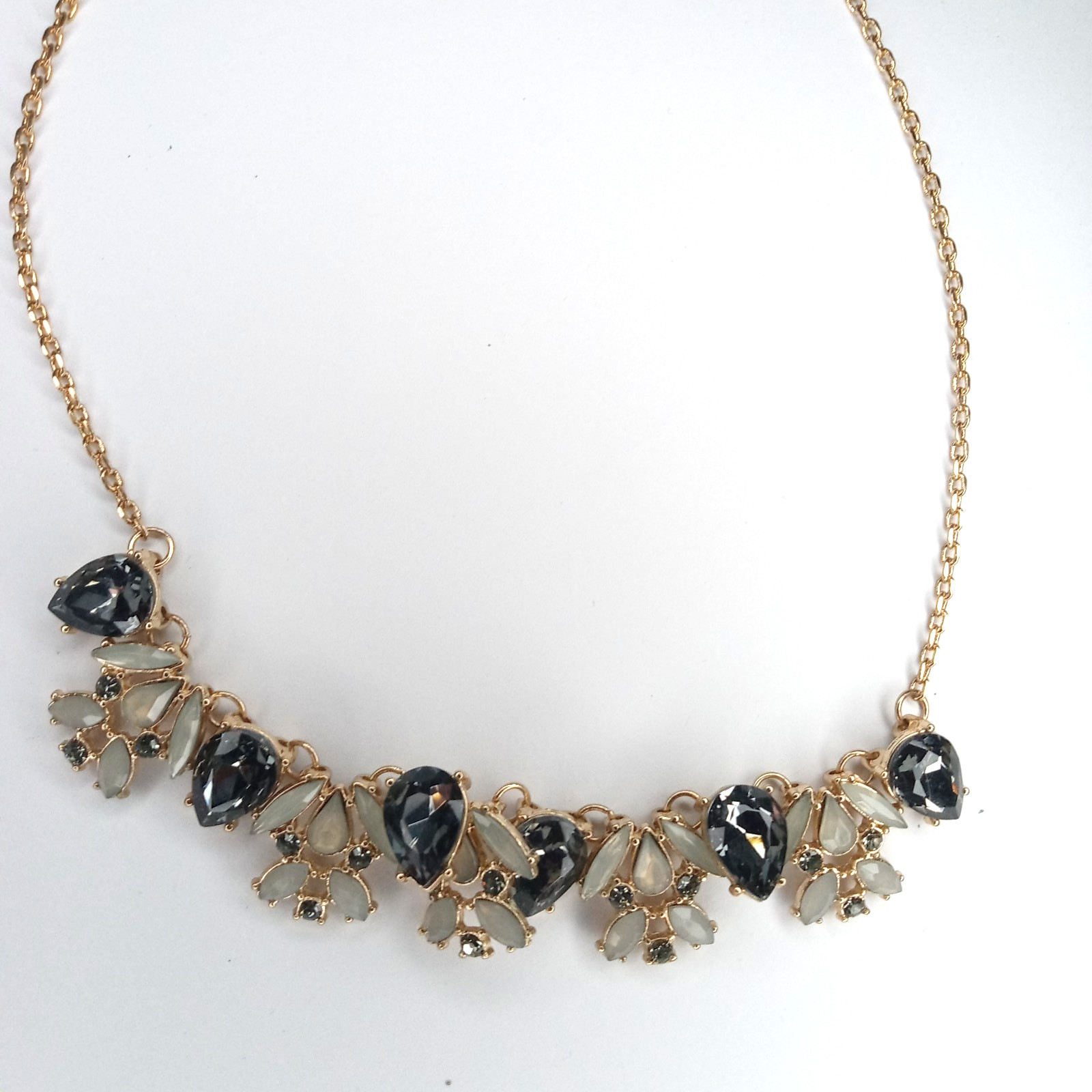 Statement Necklace Gold Tone Smoky Black& Clear Rhinetones Vintage-Inspired Glam