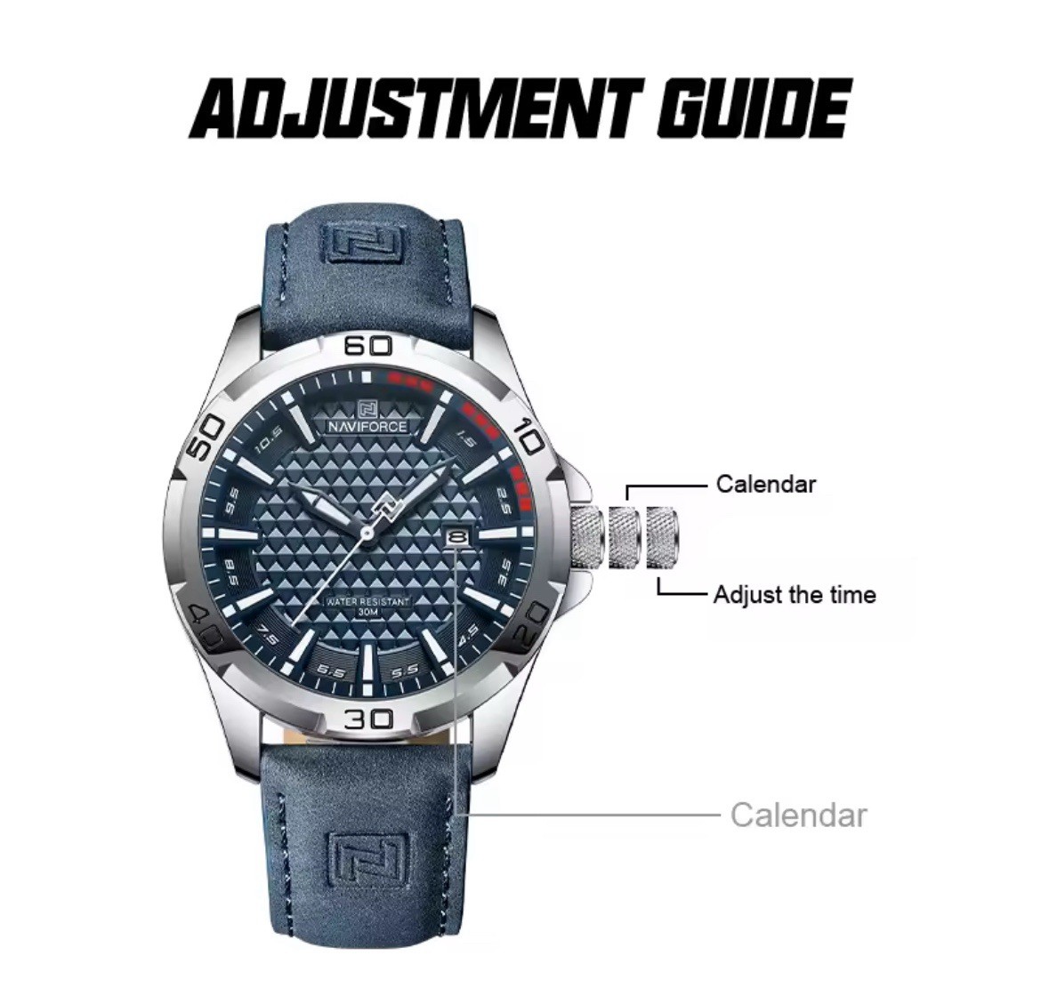 Naviforce Men’s Quartz Analog Watch Blue Dial Date Water Resistant Leather Strap