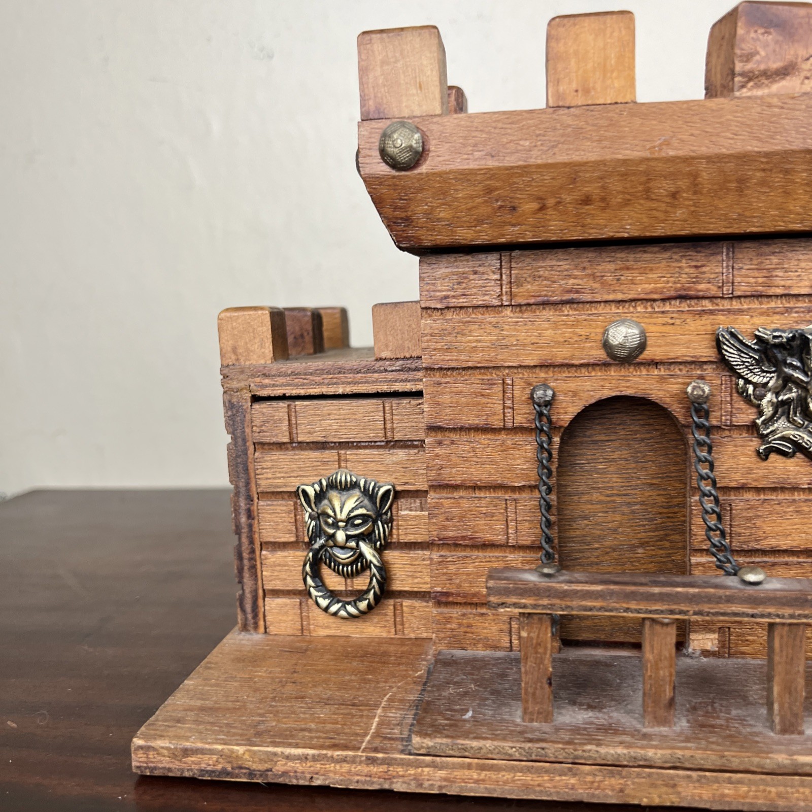 VTG Mid Century Castle Wooden Jewelry Box Red Velvet Lined 13.5″ Medieval Patina