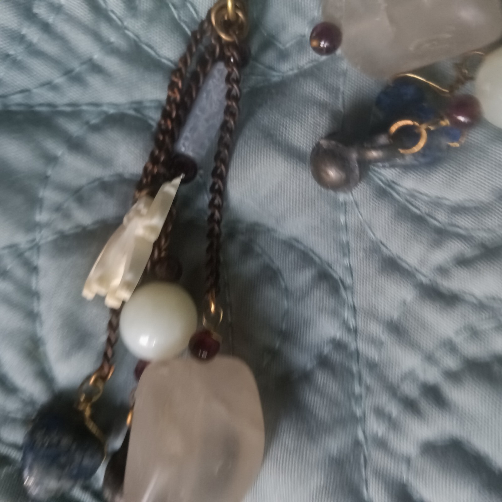 Crafted Dangle Drop Earrings 4″. Beads Granite Heart Elephant on Verdigris Ball.