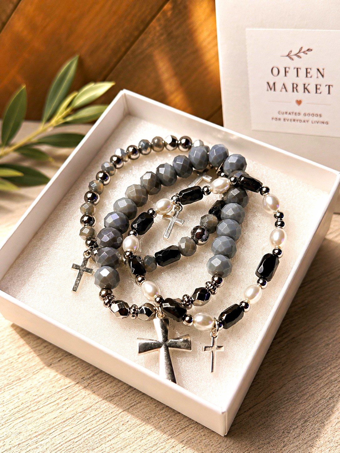 Often Market Gray Black Stackable Beaded Stretch Bracelet Trio Cross Charms