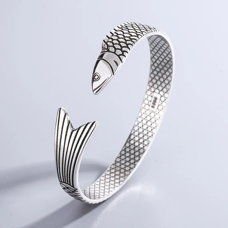 925 Sterling Silver Dragon Fish Bracelet Lucky Fortune Adjustable Bangle Gift