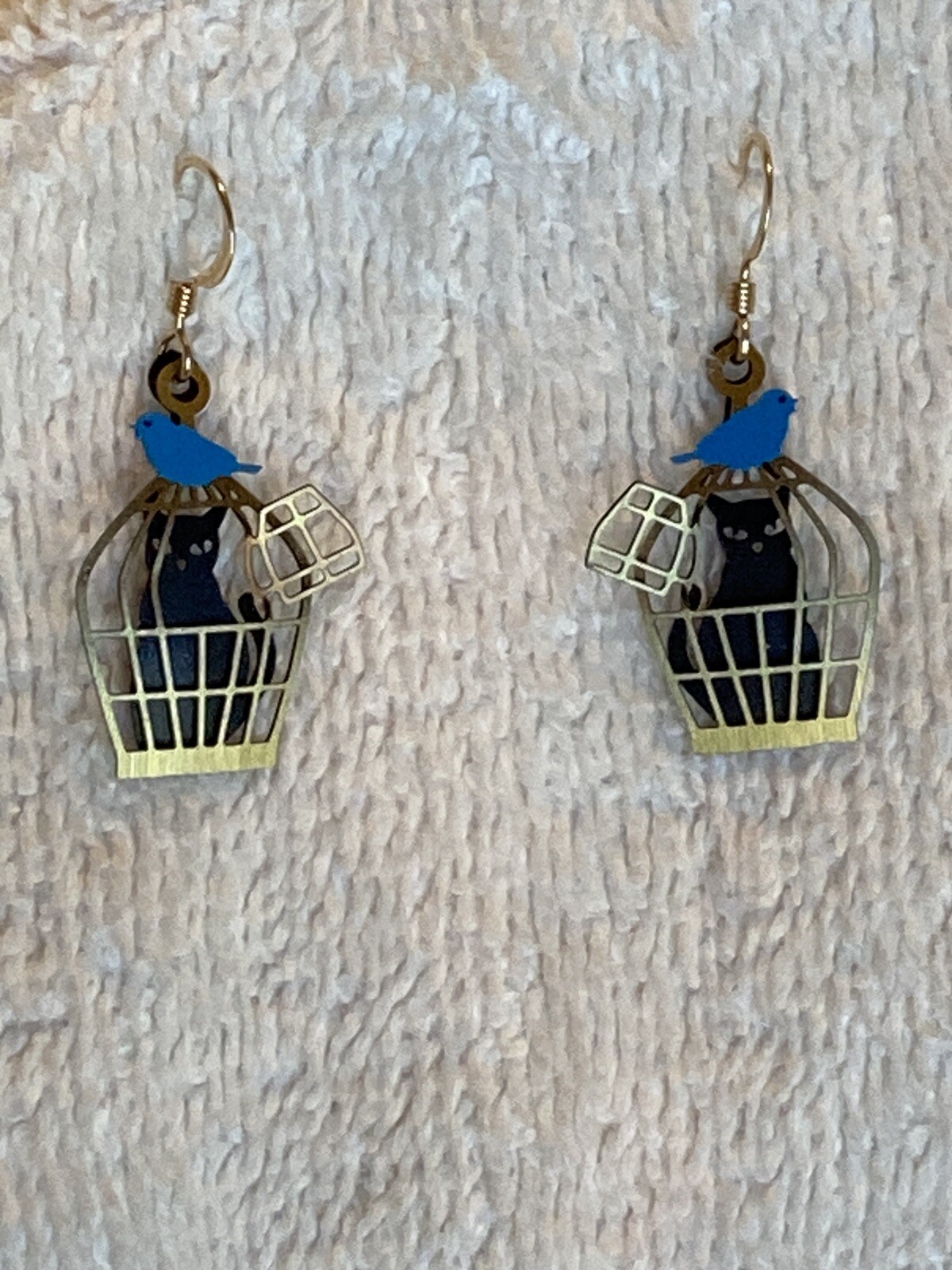 Gold Tone Earrings Open Bird Cage Blue Bird Top Black Cat Trapped Halloween GF