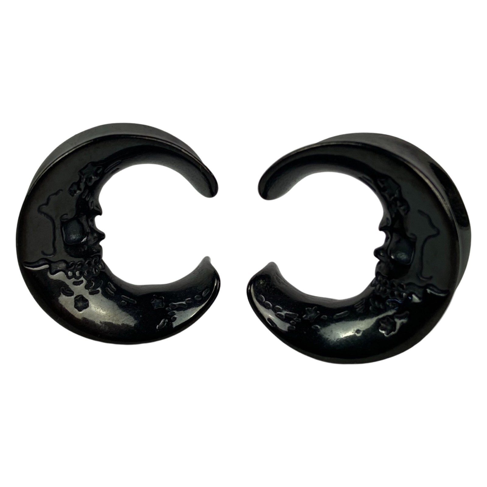Pair of 316L Black Steel Saddles with Skull Faced Moon (PS-291, Black) gauges
