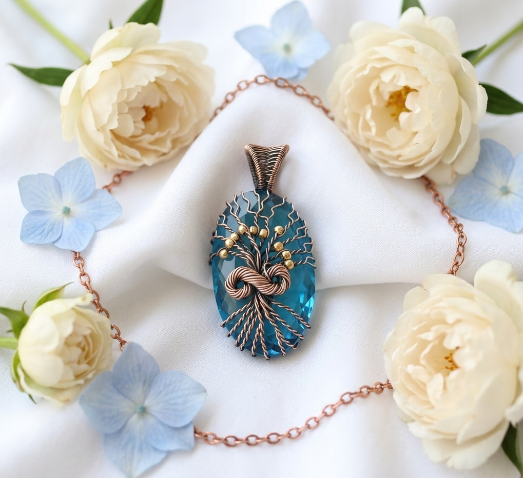 Tree of Life Pendant Wire Wrapped Copper Blue Topaz Gemstone Necklace Jewelry