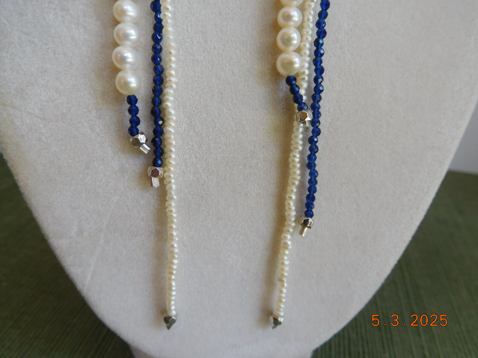 Sterling silver white pearl and blue faceted agate beaded long earrings 7.5 inch