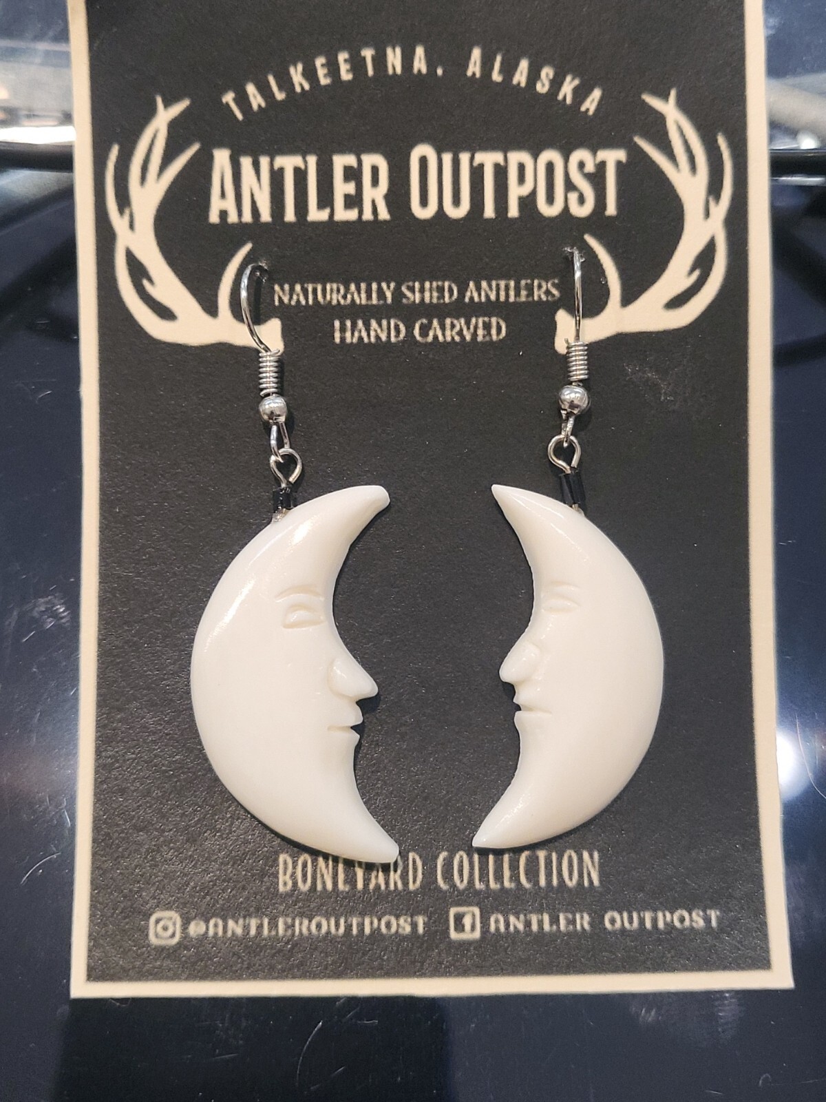 HANDMADE CARVED WATER BUFFALO BONE MOON EARRINGS ALASKA BONEYARD COLLECTION