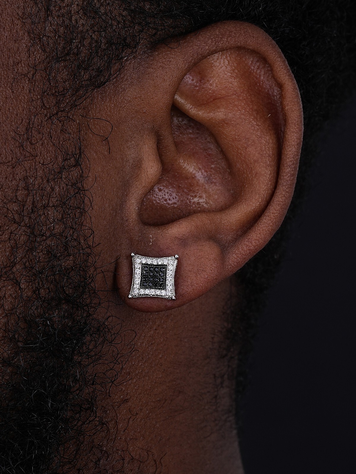 Mens Real 925 Solid Sterling Silver Iced Kite Square Black CZ Earrings Stud