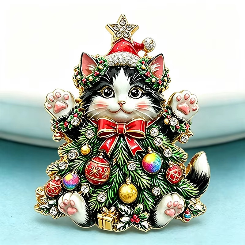 Christmas Tree Cat Brooch Pin Rhinestone Kitty Holiday Lapel Pin Gift for Women