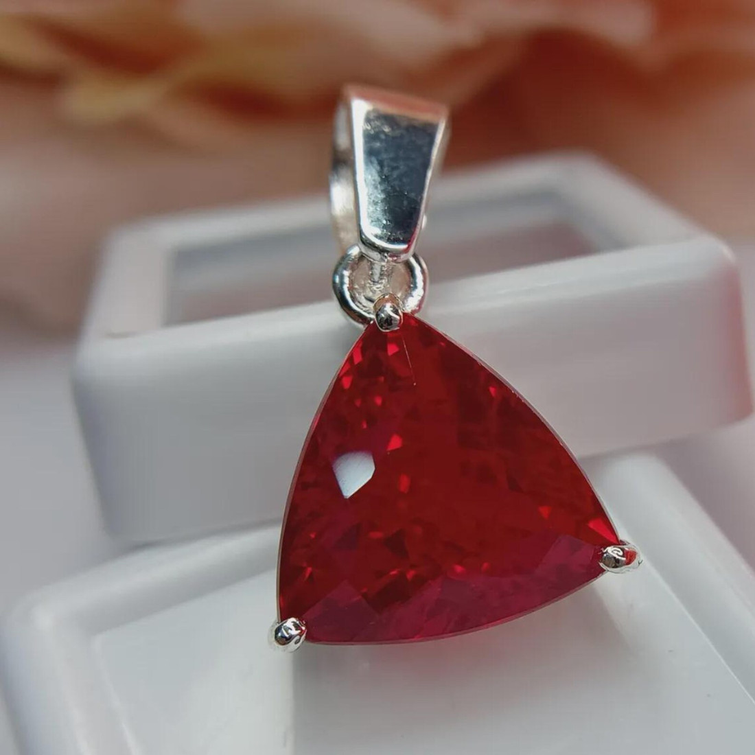 25 Ct Lab Created Ruby Trillion Pendant German Silver Solitaire Red Gemstone
