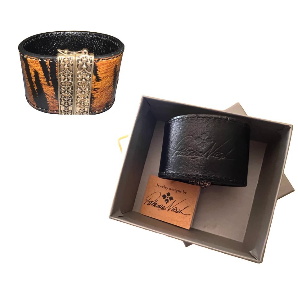 Patricia Nash Leather Wrap Flip Lock Magnetic Bracelet Black/Tiger