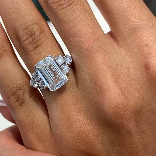 Lab Grown Diamond 6.50 Ct Emerald-Cut Hidden Halo Engagement Ring 14K White Gold