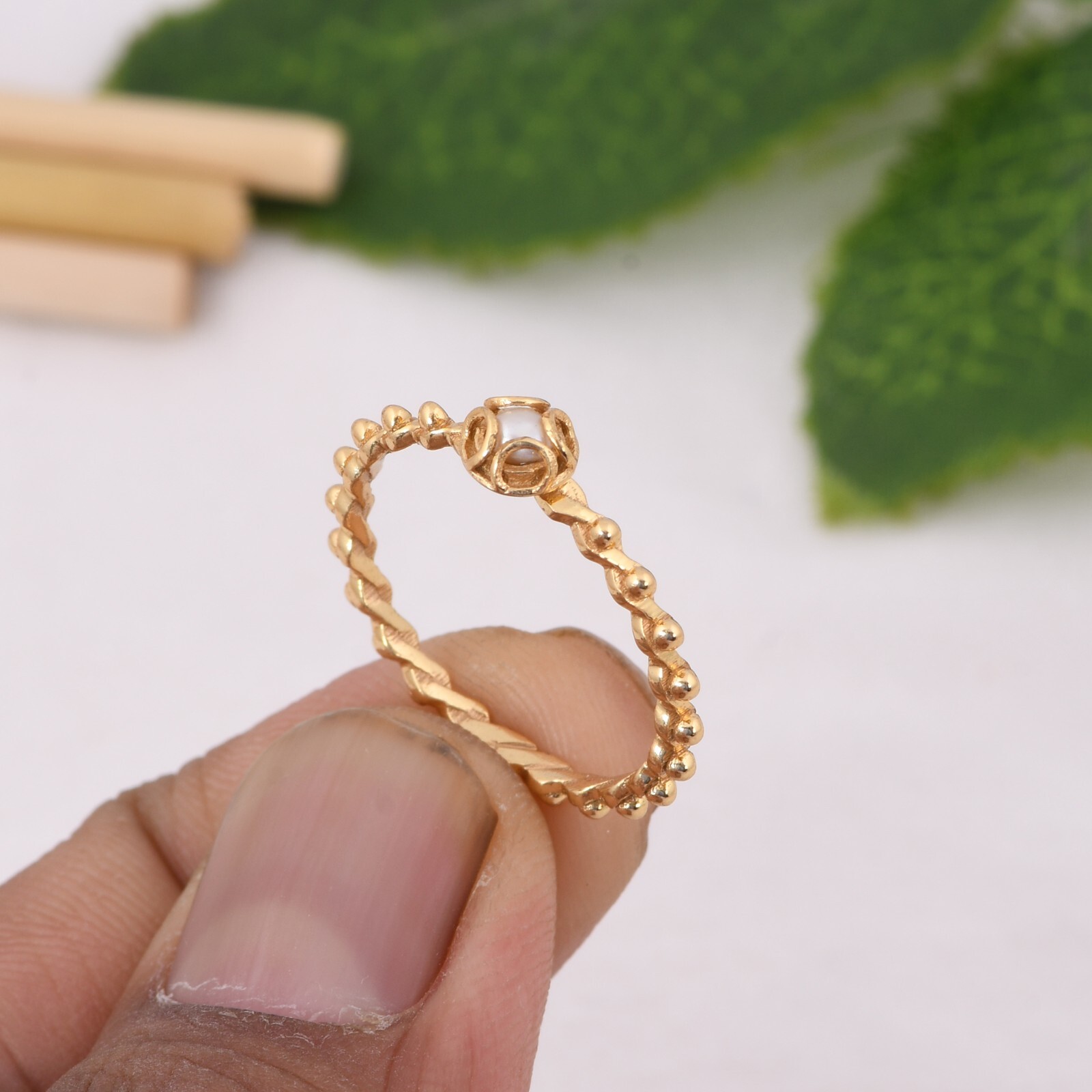 Gold Plated Twisted Dot Band Eternity Ring With Pearl Gemstone Women Jewelry