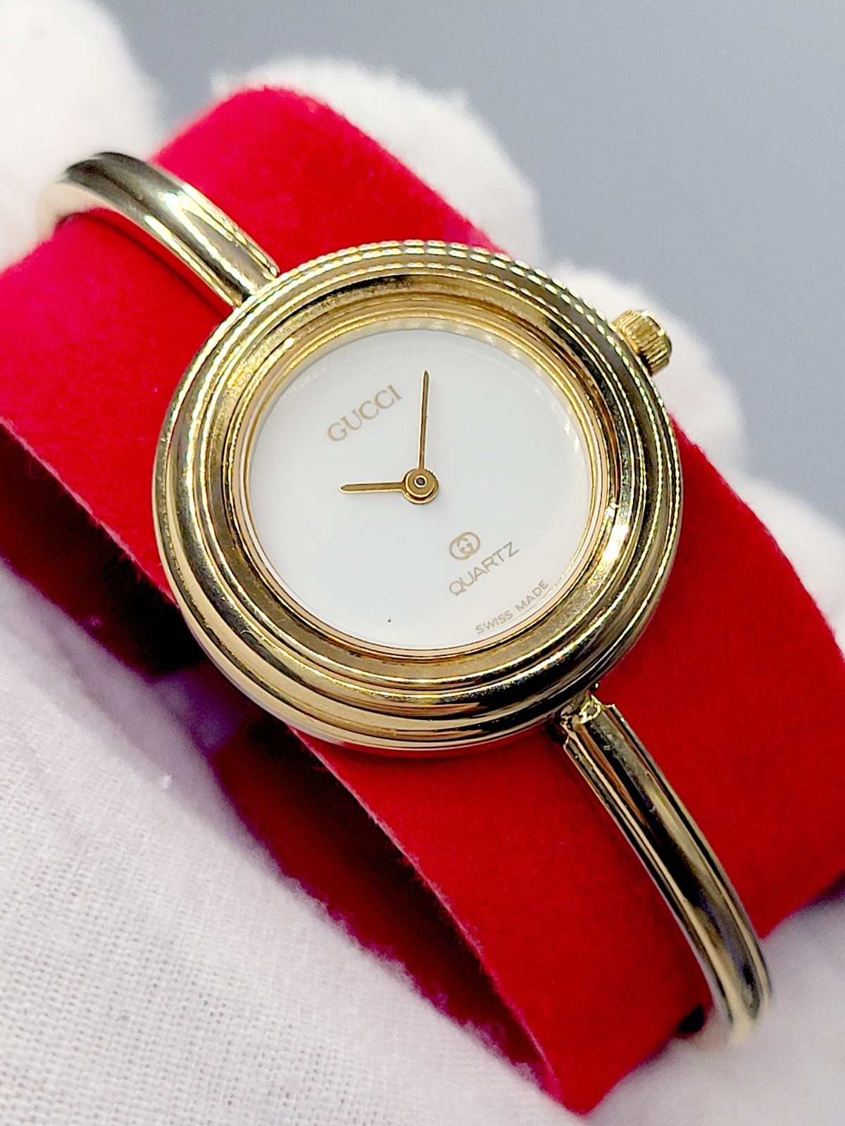 Swiss [N. Mint] GUCCI 1100L Change Bezel White Gold Dial Quartz Women’s Watch