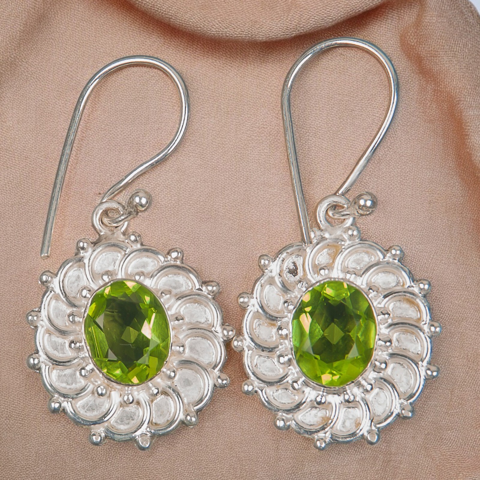 Natural Peridot August Birthstone 925 Sterling Silver Jewelry Dangle Earrings BH