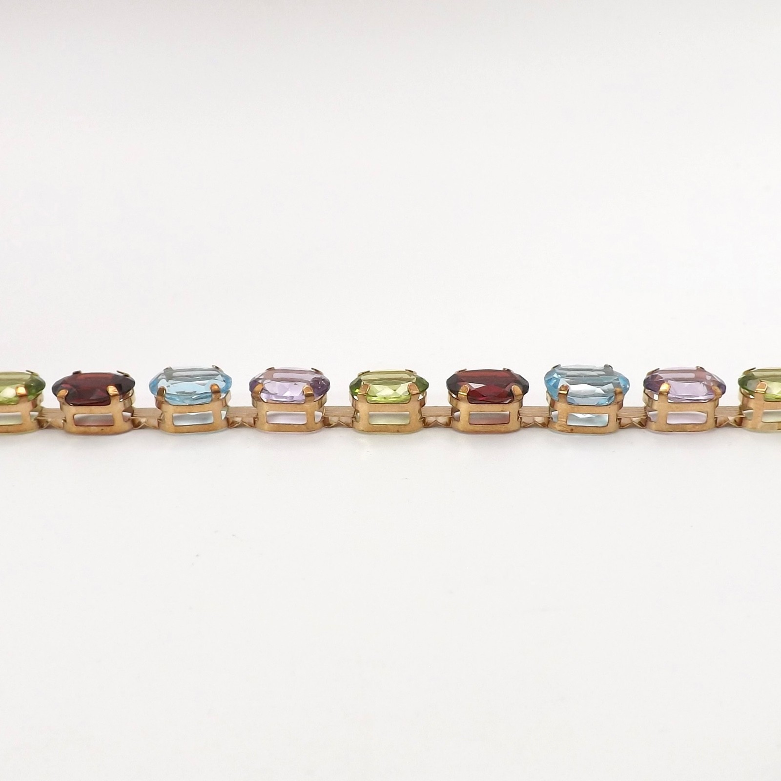 10k Gold Natural Rainbow Gemstone Tennis Link Bracelet 7in Garnet Topaz Amethyst