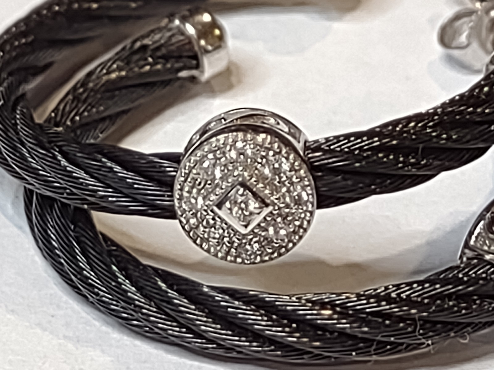 Charriol Black Steel Cable Hoop Earrings With 18Kt White Gold And Diamonds