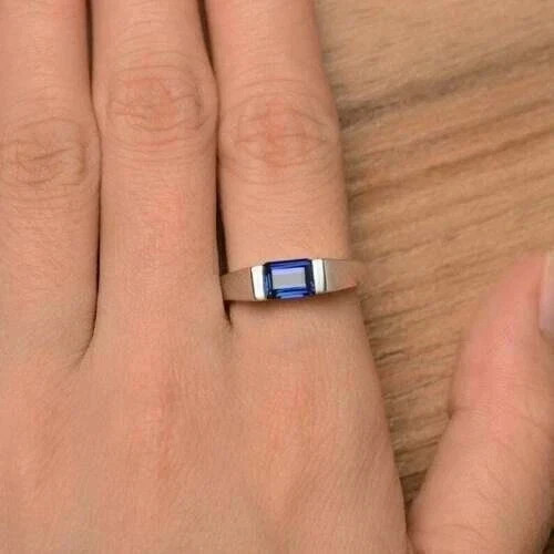 2Ct Emerald Cut Lab Created Sapphire Men’s Engagement Ring 14K White Gold Plated