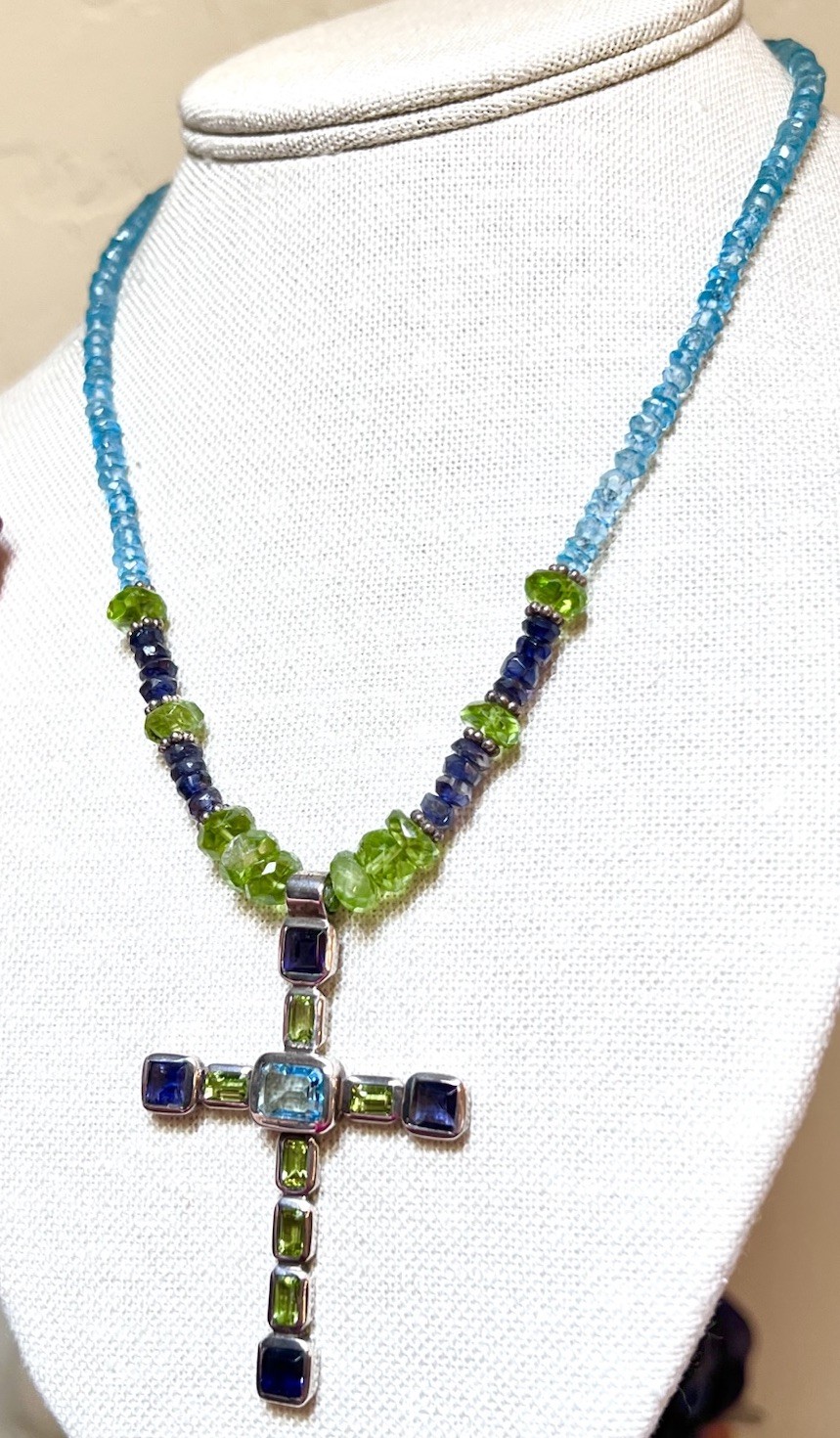 LOVELY Designer Sterling Silver, Blue Topaz, Iolite & Peridot Cross Necklace