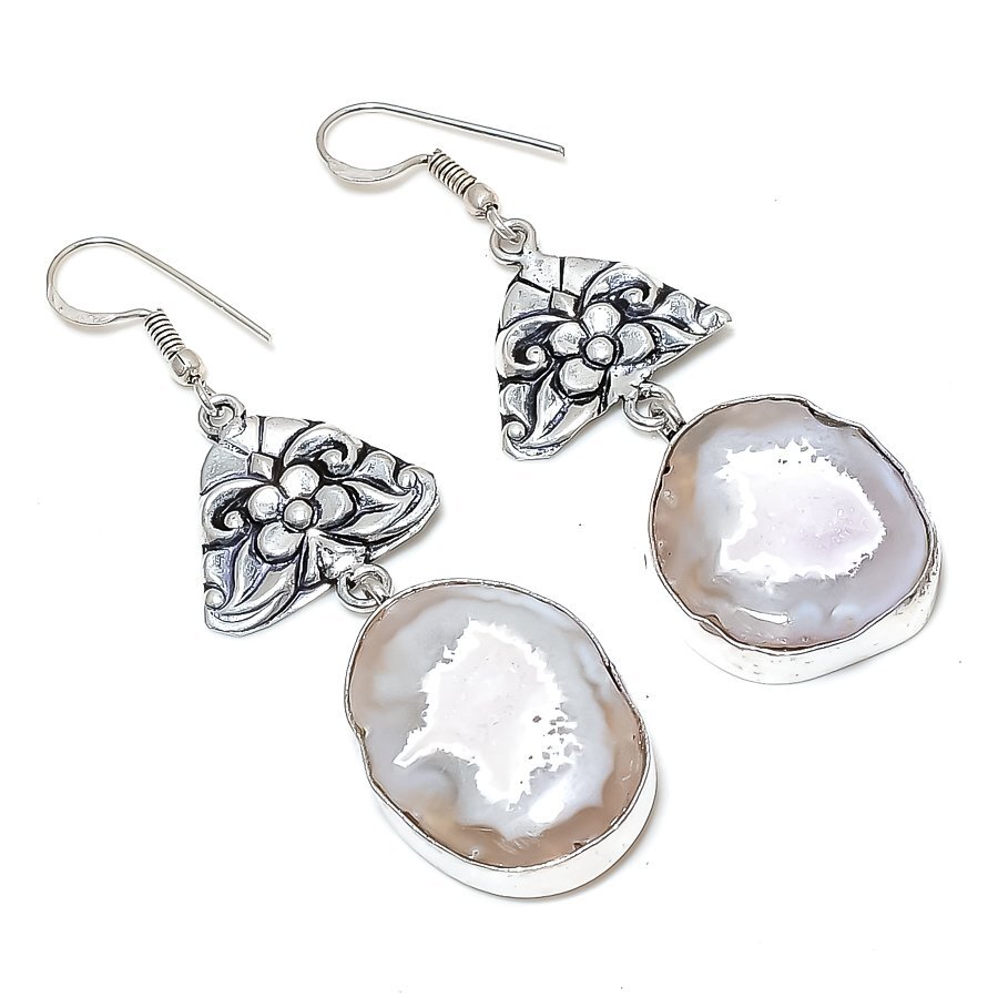 White Botswana Druzy Gemstone 925 Sterling Silver Jewelry Earring 2.76″ W672