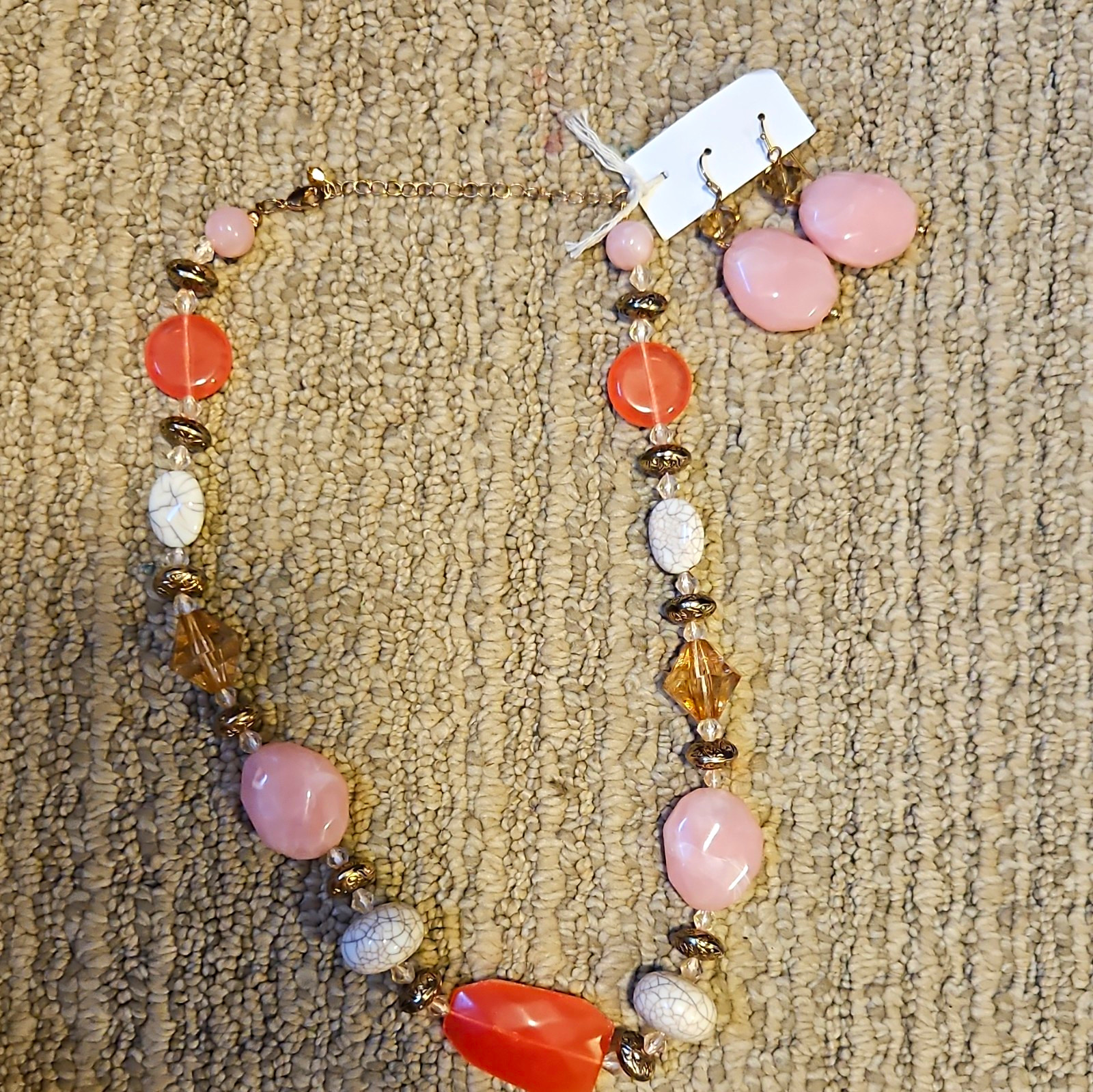 Pink Orange White Gold Tone Beaded Necklace & Dangle Earrings Jewelry Set