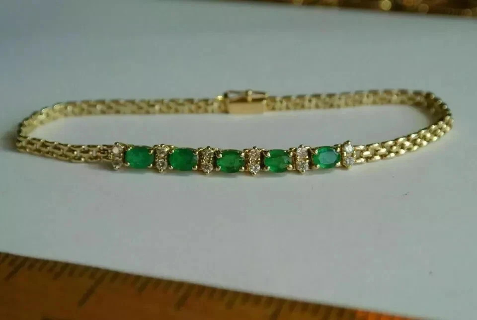 4.00 Ct Oval Cut Natural Emerald Tennis Bracelet 14K Solid Yellow Gold