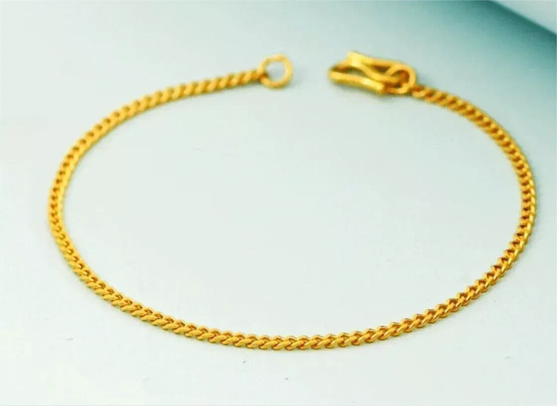Solid 24K Yellow Gold Pure 999 Cuban Link Chain Women Bracelet Bangle 5.9-6.7in