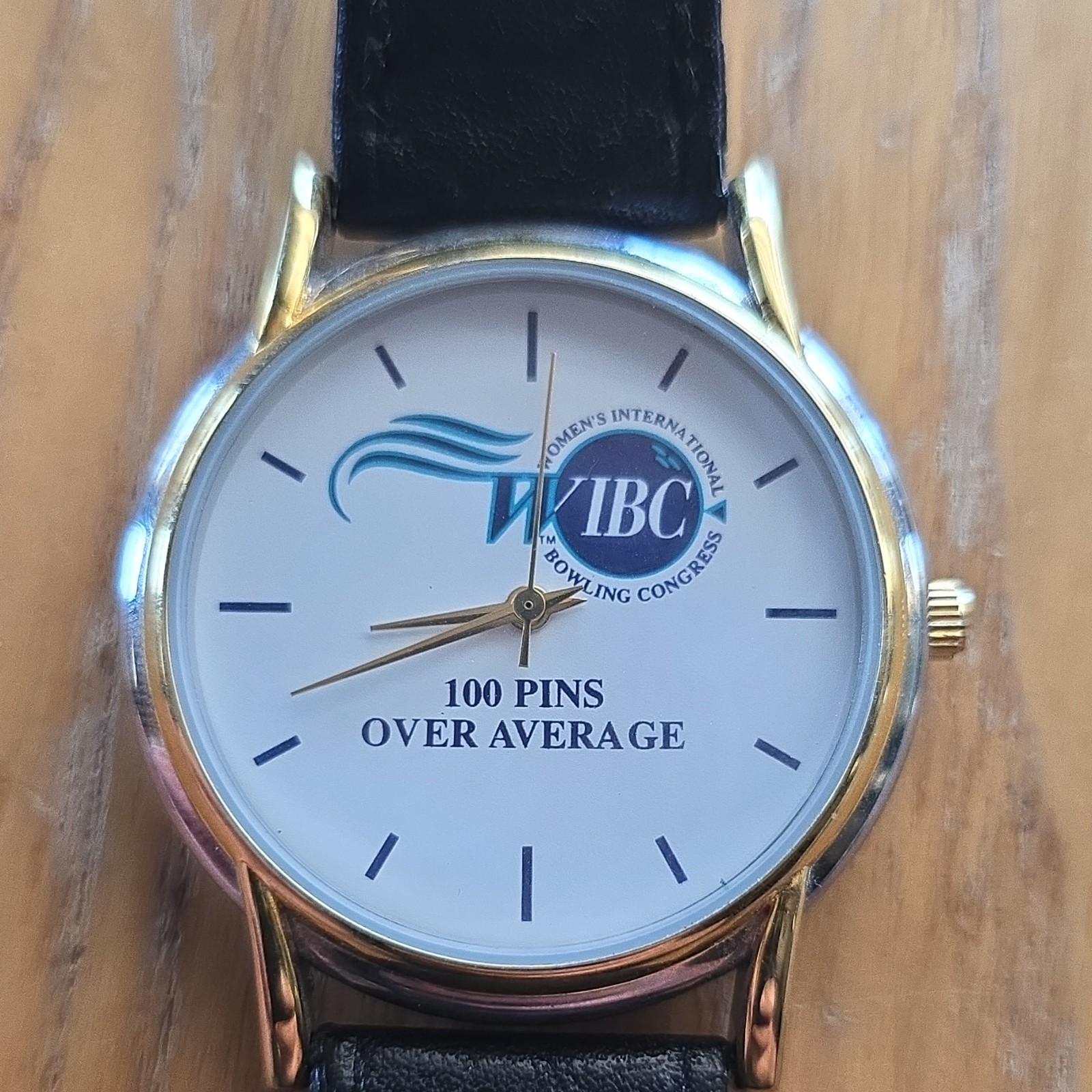 WIBC 100 Pins Over Average Bowling Quartz Analog Gold Tone Black Leather