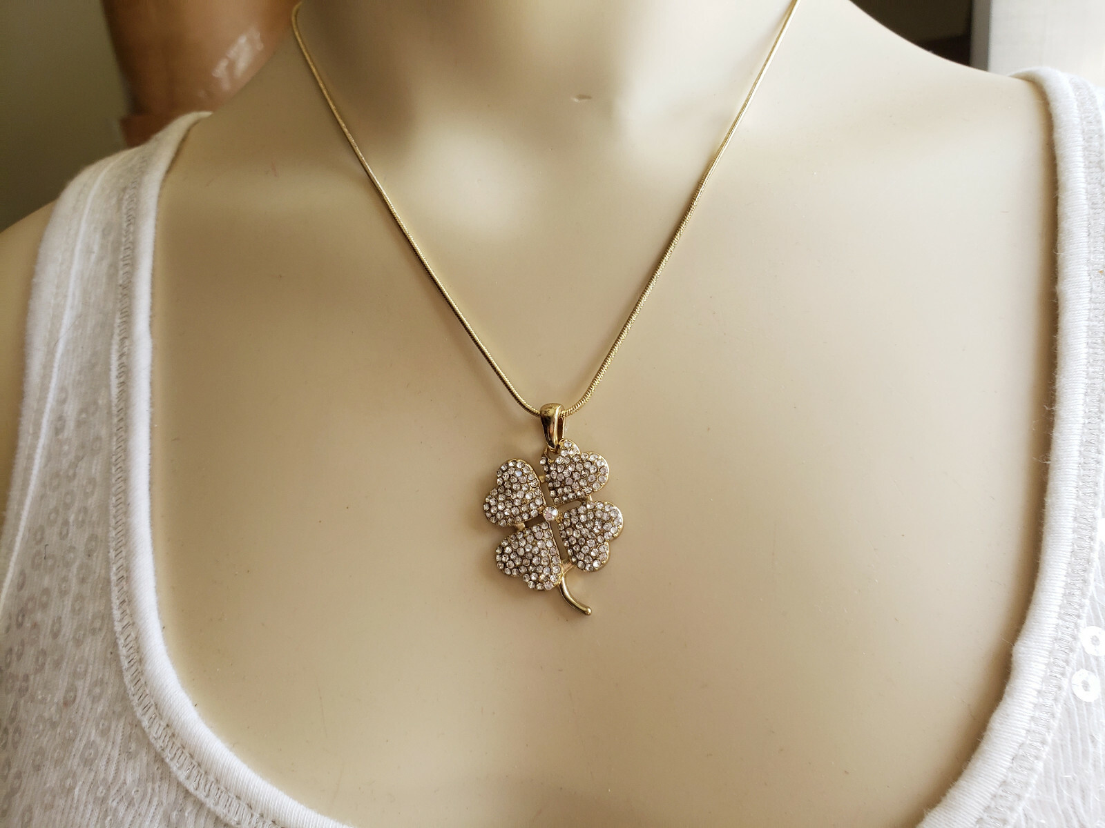 Four Leaf Clover Shamrock St Patricks Necklace Crystals Gold Tone Gift Box
