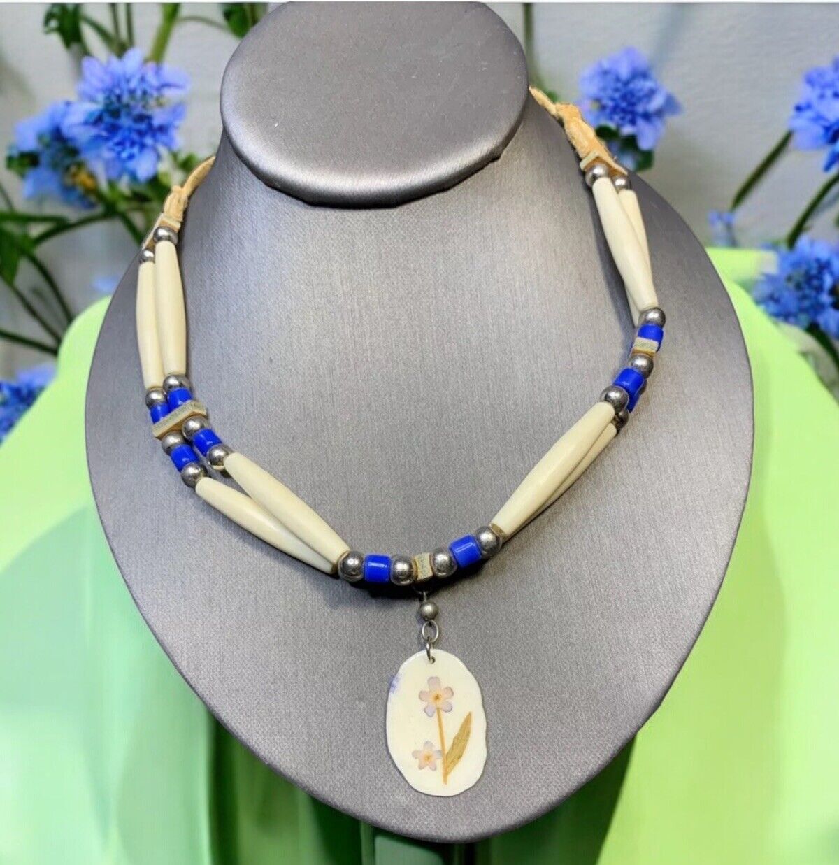 Signed DS Native American Blue Leather beaded tie on choker necklace