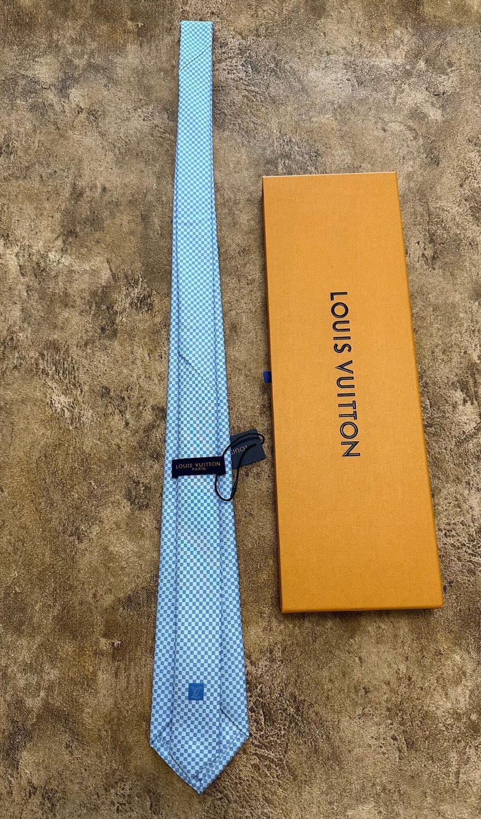 Authentic Louis Vuitton 100% Silk Micro Damier Tie Silver Blue NWT