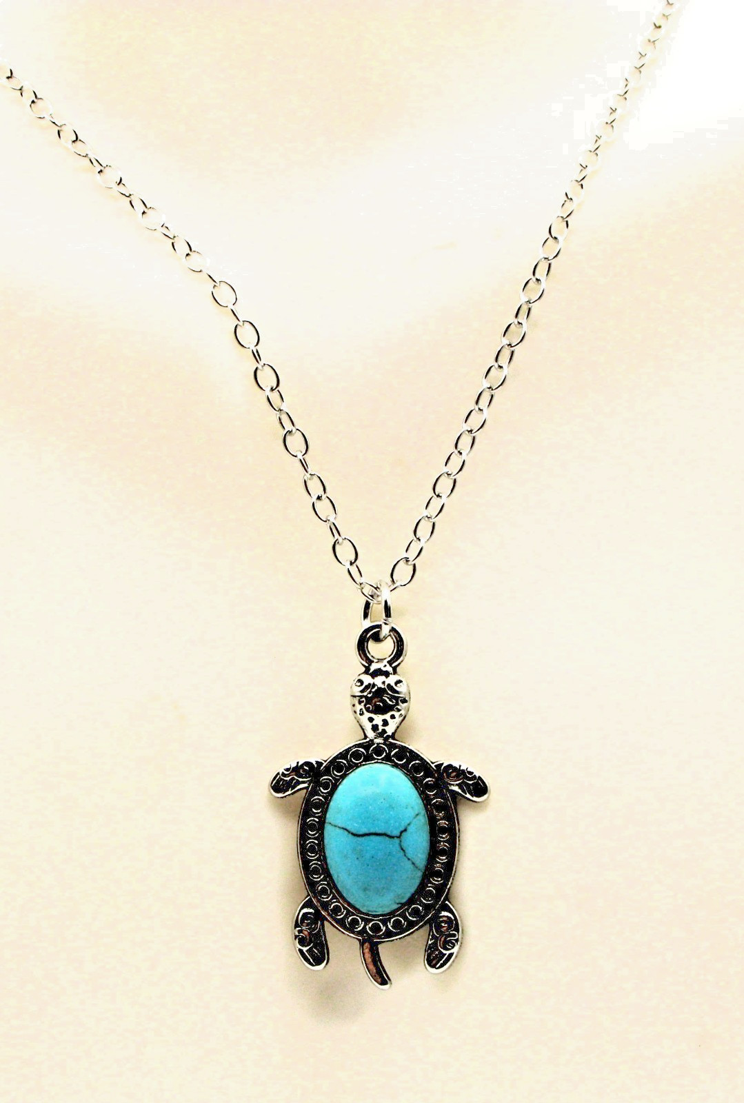 Silver Tone Turtle Necklace and Earring Set, Turquoise Stone, 16.5″ & Extender