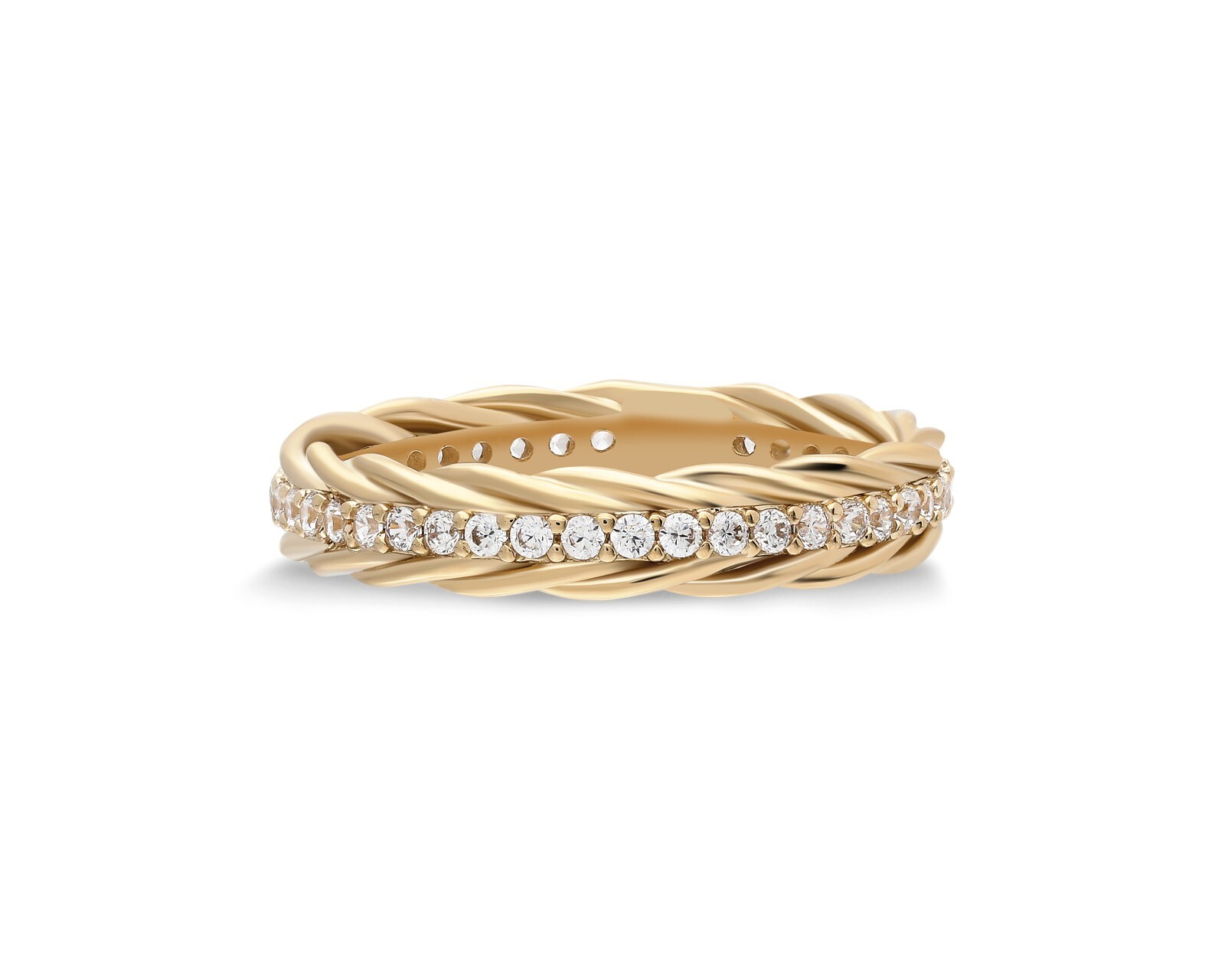 14k Solid Gold Lab-Created Diamond Braided Twisted Band Ring Stacking Ring Women