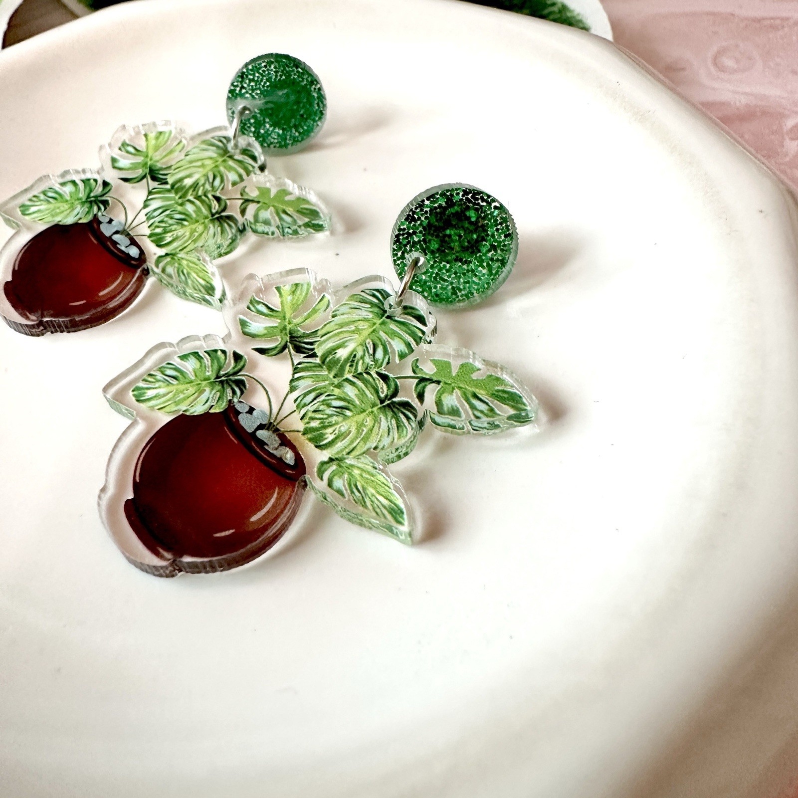 Monstera Leaf Potted Plant Earrings Acrylic Statement Jewelry Plant Lady NEW