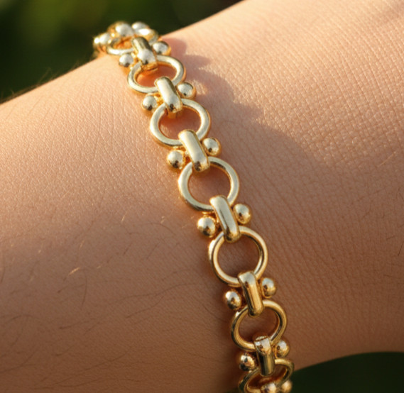 Stylish Gold Tone Bracelet | Gold Plated Brass Beaded Ball & O-Ring Link Design