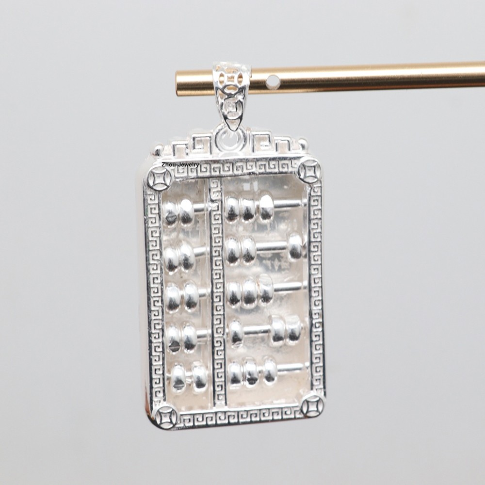 Solid 999 Fine Silver Pendant Lucky 福 Wealth Abacus Pendant Rotatable Beads