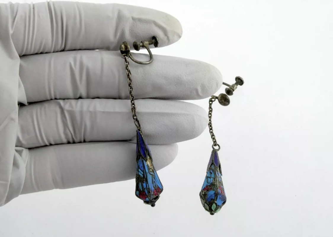 Rare Antique Chinese Kingfisher Bird Feather Silver Drop Dangle Earrings